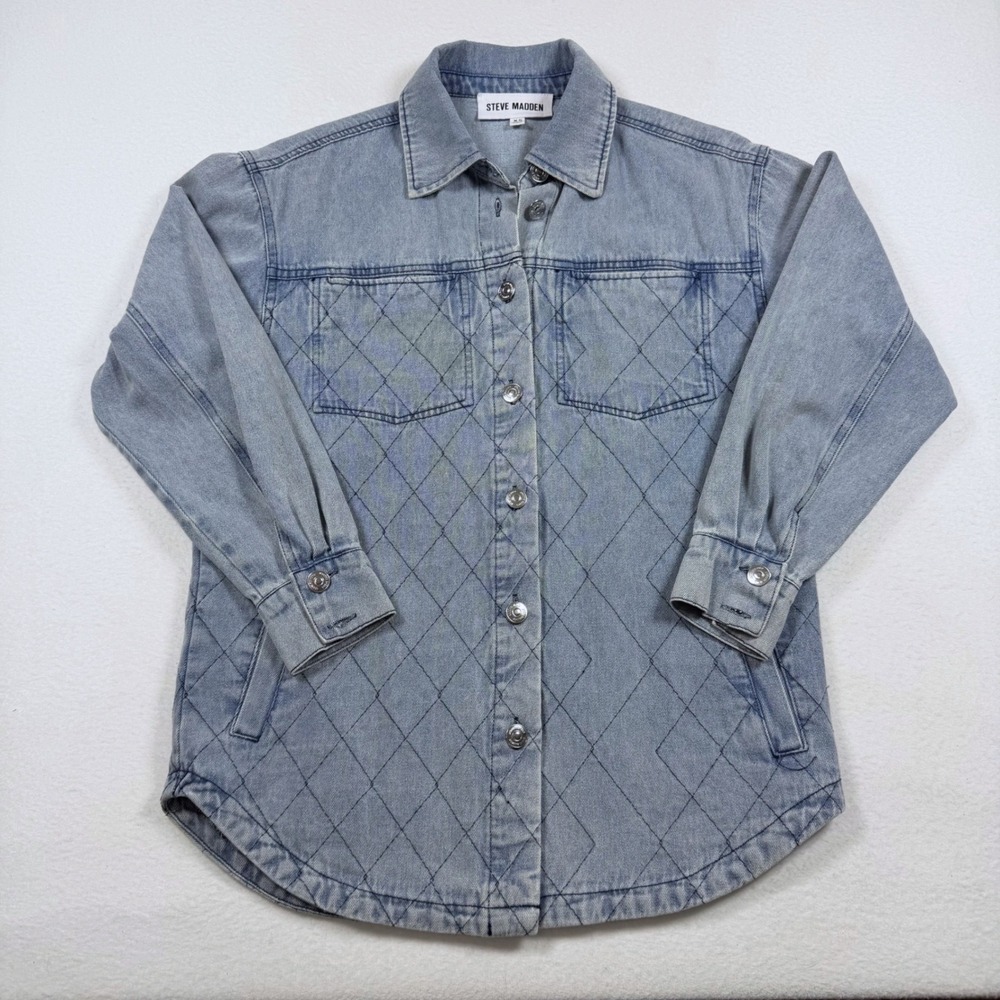 Steve Madden Womens Light Wash Diamond Quilted Denim Shacket Shirt Jacket XS